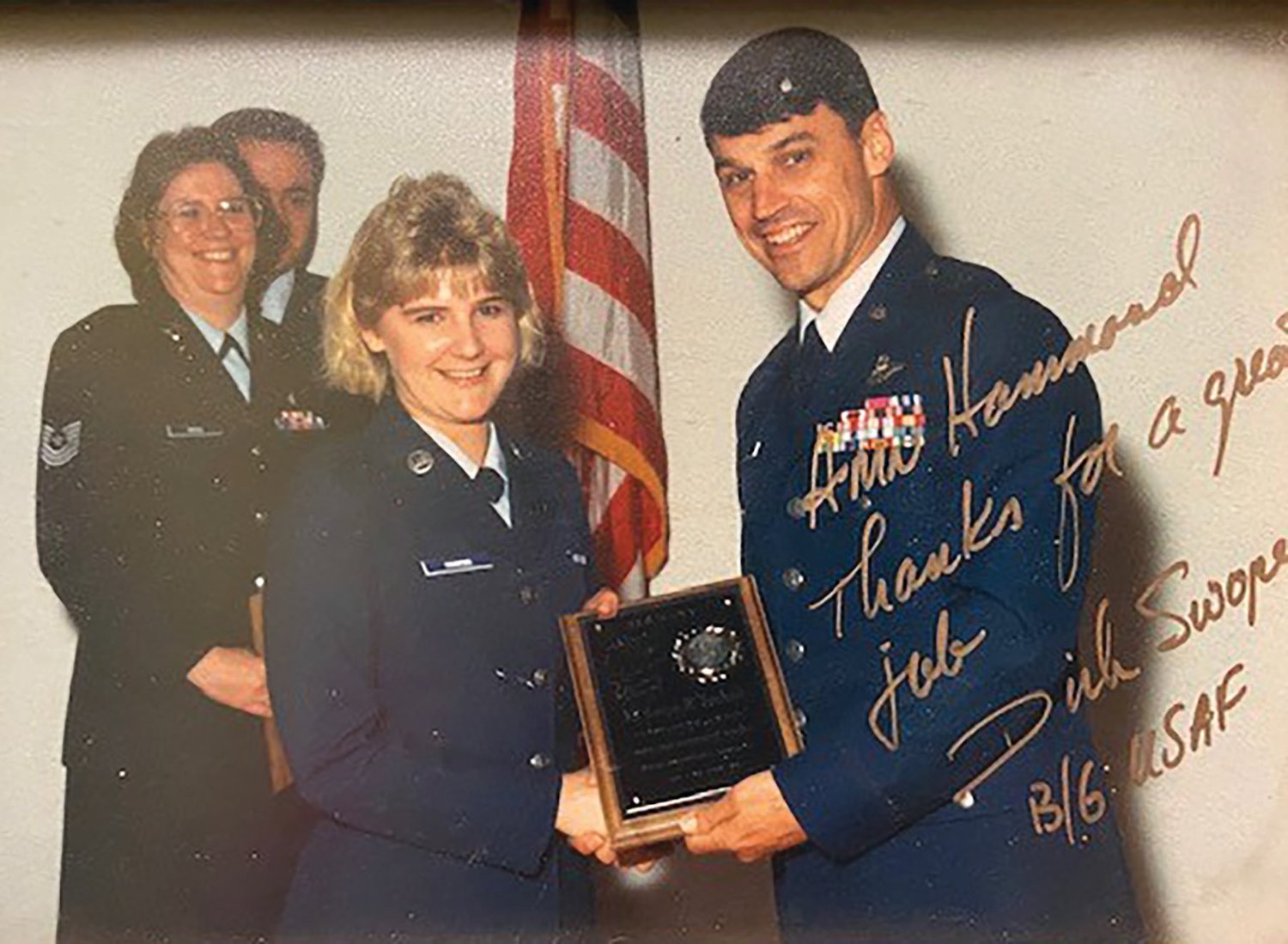 Catrina Hammond-Meijer Receives Airman of the Quarter award at 652nd USAF Contingency Hospital Donaueschingen, Germany in 1991.